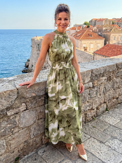 Brinae | Gathered Waist Abstract Print Midi Dress