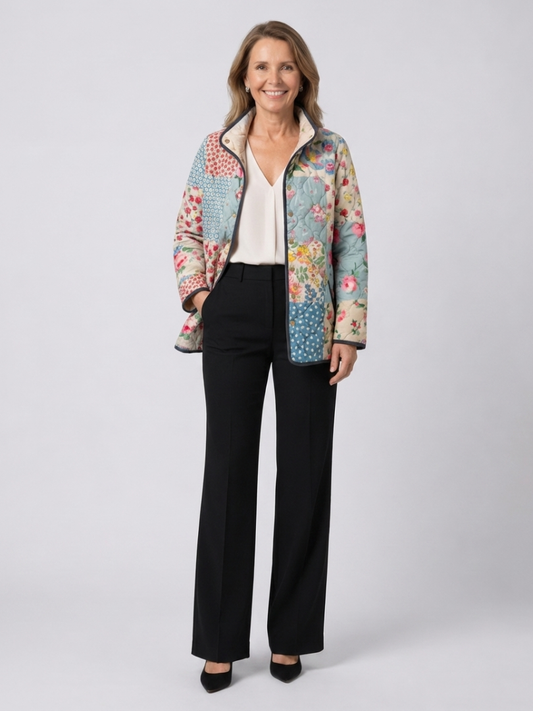 Woman wearing the Genevieve quilted floral patchwork jacket open over an ivory top with black trousers
