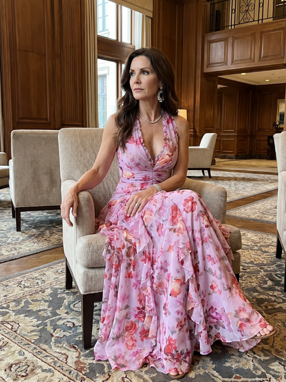 Calyx | Halter Neck Ruched Bodice Floral Maxi Dress