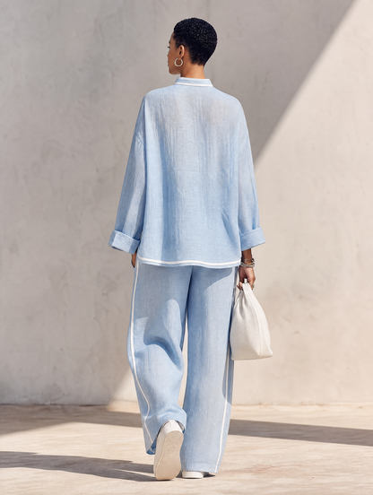 Back view of the light blue linen two-piece set