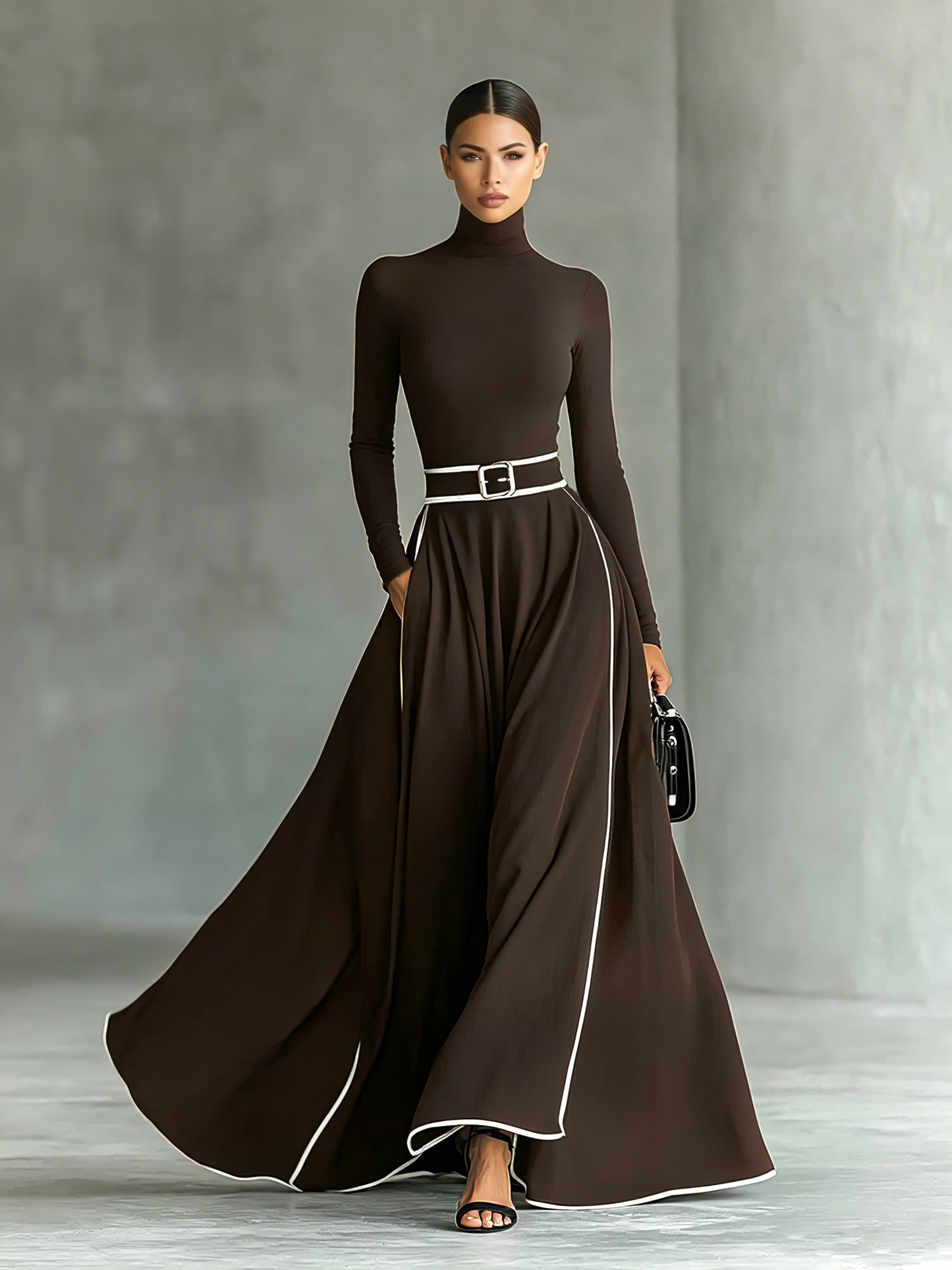 Odette turtleneck maxi dress in chocolate brown with white contrast piping