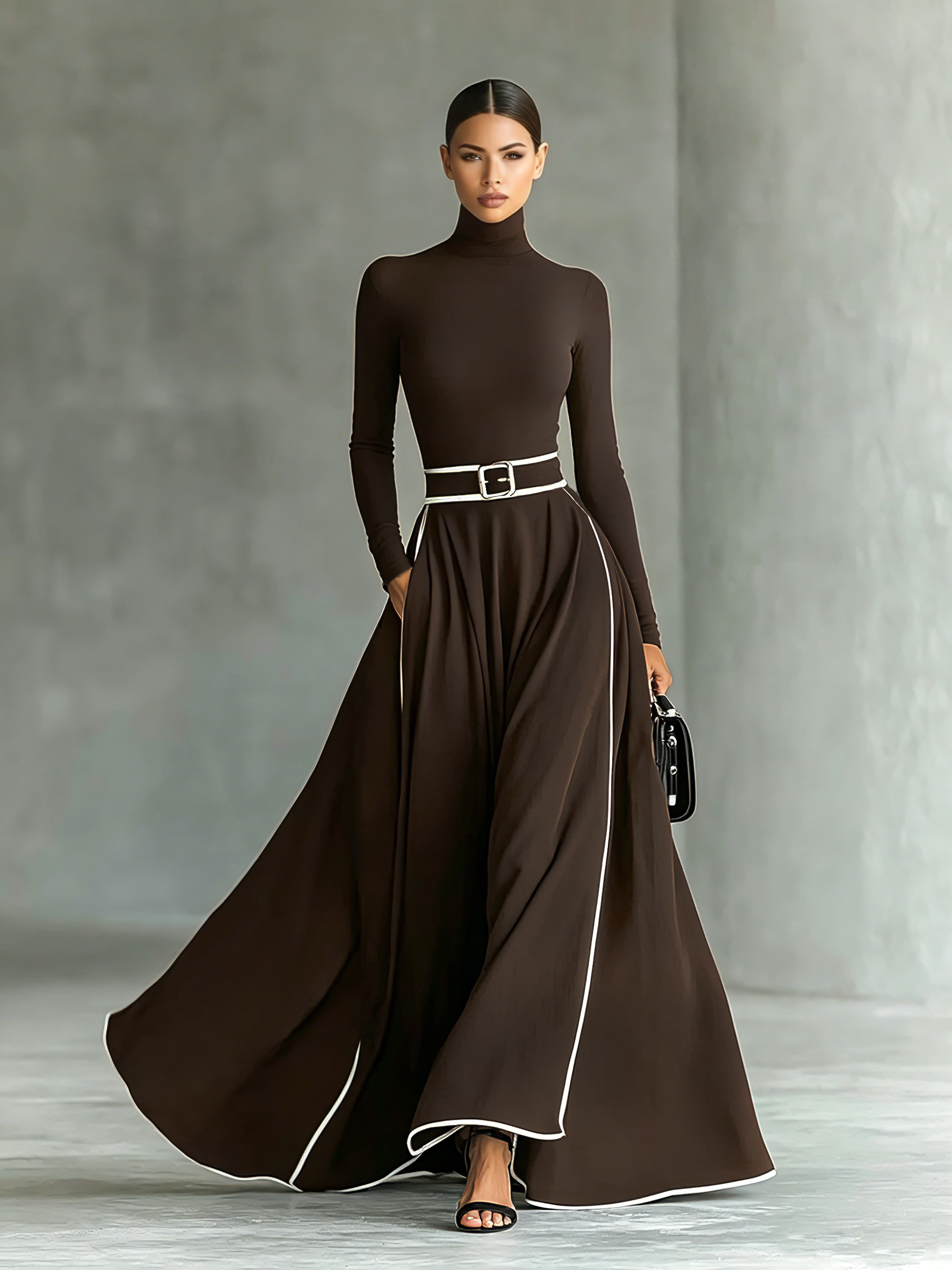Odette turtleneck maxi dress in chocolate brown with white contrast piping