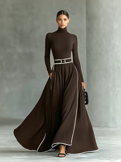 Odette turtleneck maxi dress in chocolate brown with white contrast piping