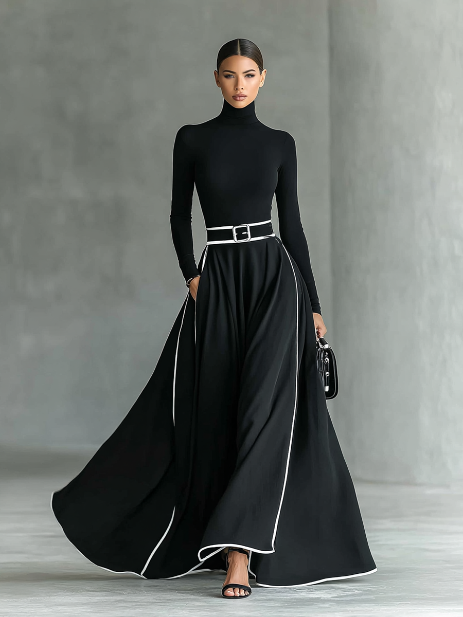 Full-length view of the Odette black contrast-piped maxi dress in motion