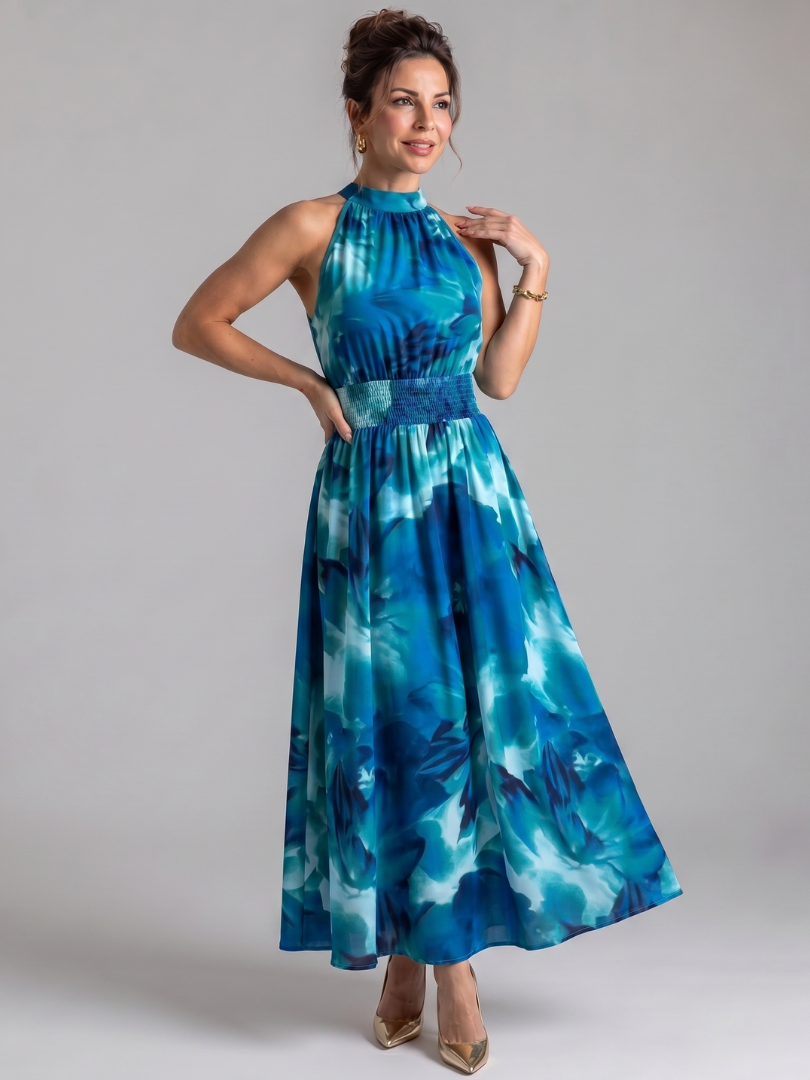 Brinae | Gathered Waist Abstract Print Midi Dress