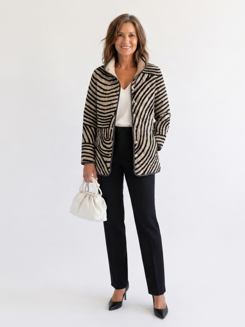Woman wearing the Harriet quilted hand-drawn circle jacket open over an ivory top with black trousers