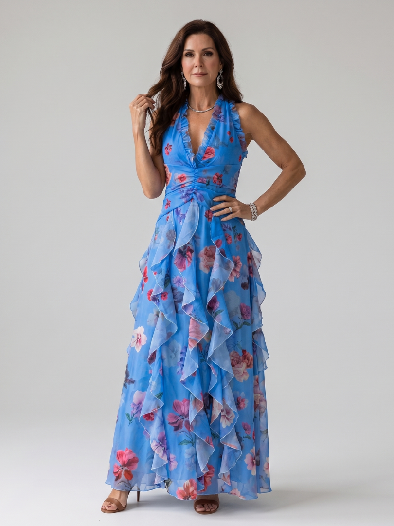 Calyx | Halter Neck Ruched Bodice Floral Maxi Dress