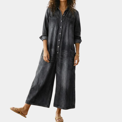 Willow | Vintage Washed Soft Cotton Denim Jumpsuit with Button Closure