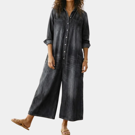 Willow | Vintage Washed Soft Cotton Denim Jumpsuit with Button Closure