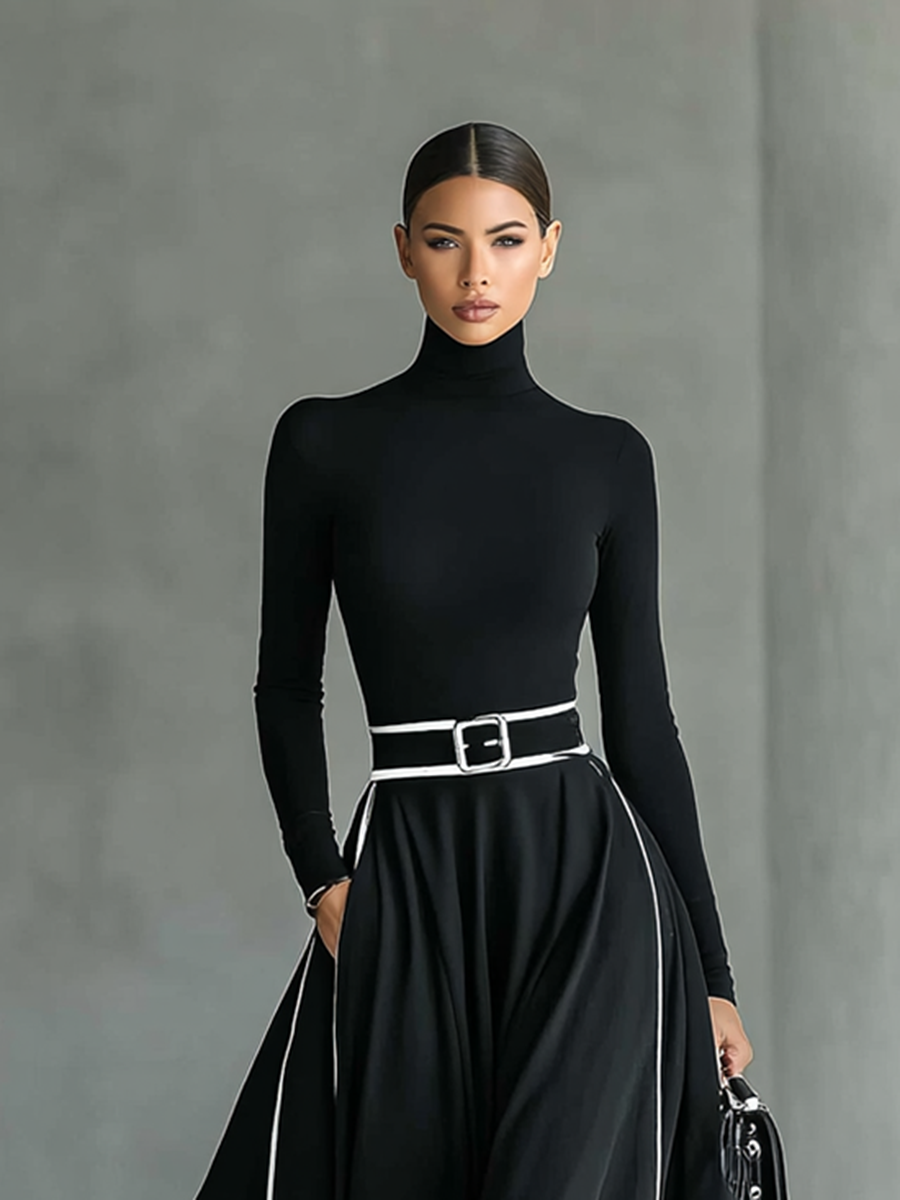 Close-up of the Odette high collar bodice and white contrast belt at the waist