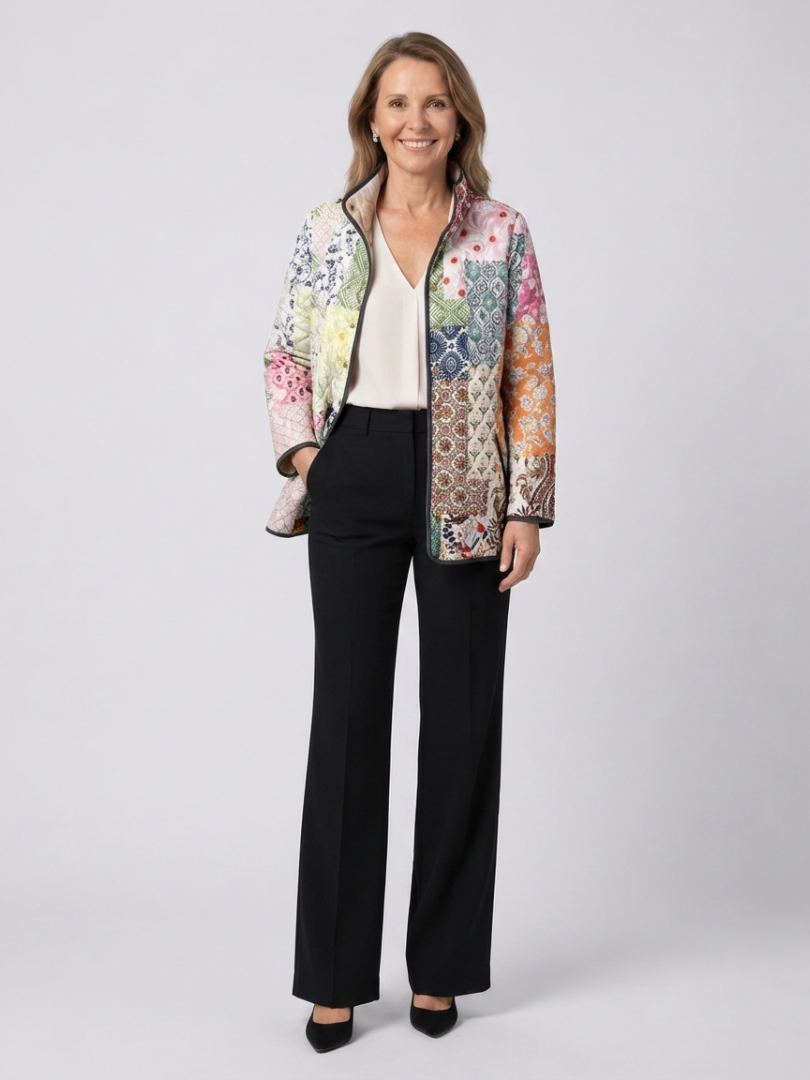 Woman wearing the Isadora quilted bohemian patchwork jacket open over an ivory top with black trousers