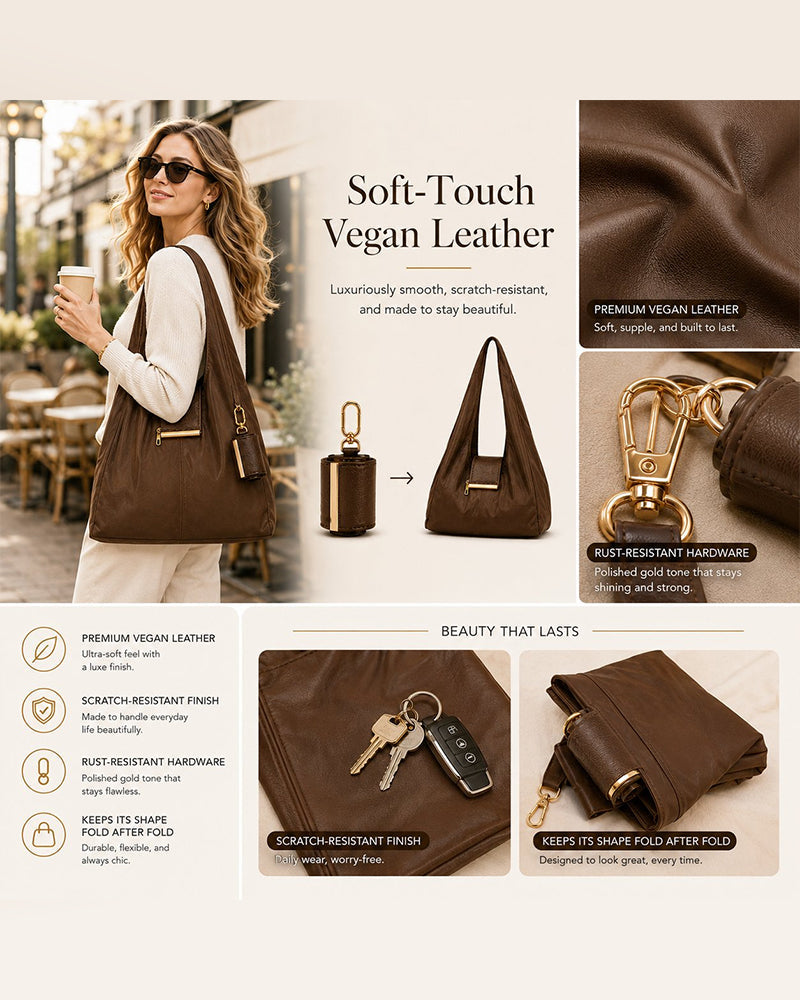 Close-up of the Varelli vegan leather texture and polished gold hardware