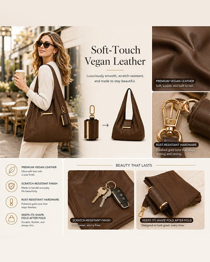 Close-up of the Varelli vegan leather texture and polished gold hardware