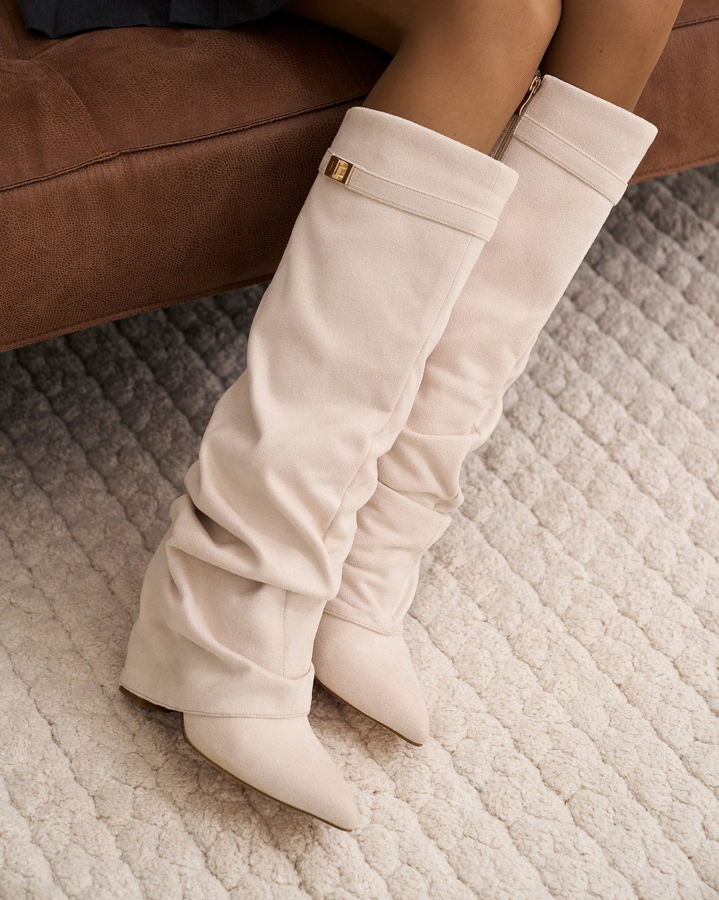 Jade | Slouchy Suede Knee-High Boots - Cream