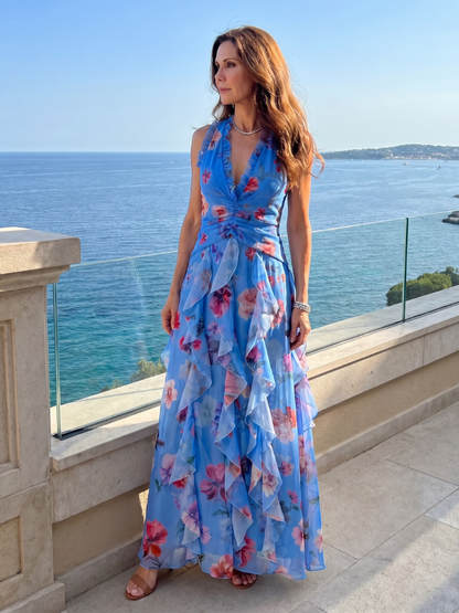 Calyx | Halter Neck Ruched Bodice Floral Maxi Dress