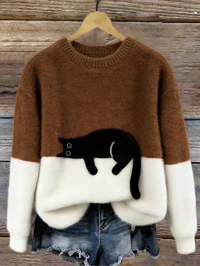 Bonnie cat print oversized sweater in brown with a sleeping cat across the cream color-block front