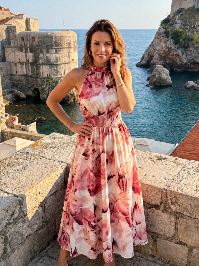Brinae | Gathered Waist Abstract Print Midi Dress