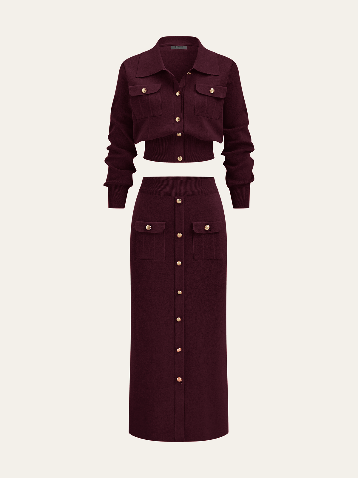 Camille cardigan and midi skirt set in burgundy