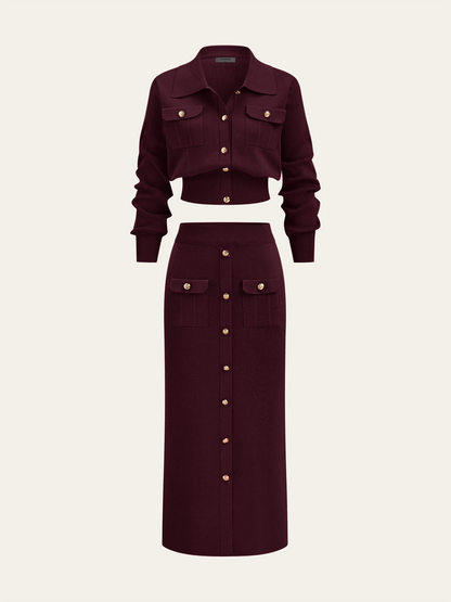 Camille cardigan and midi skirt set in burgundy