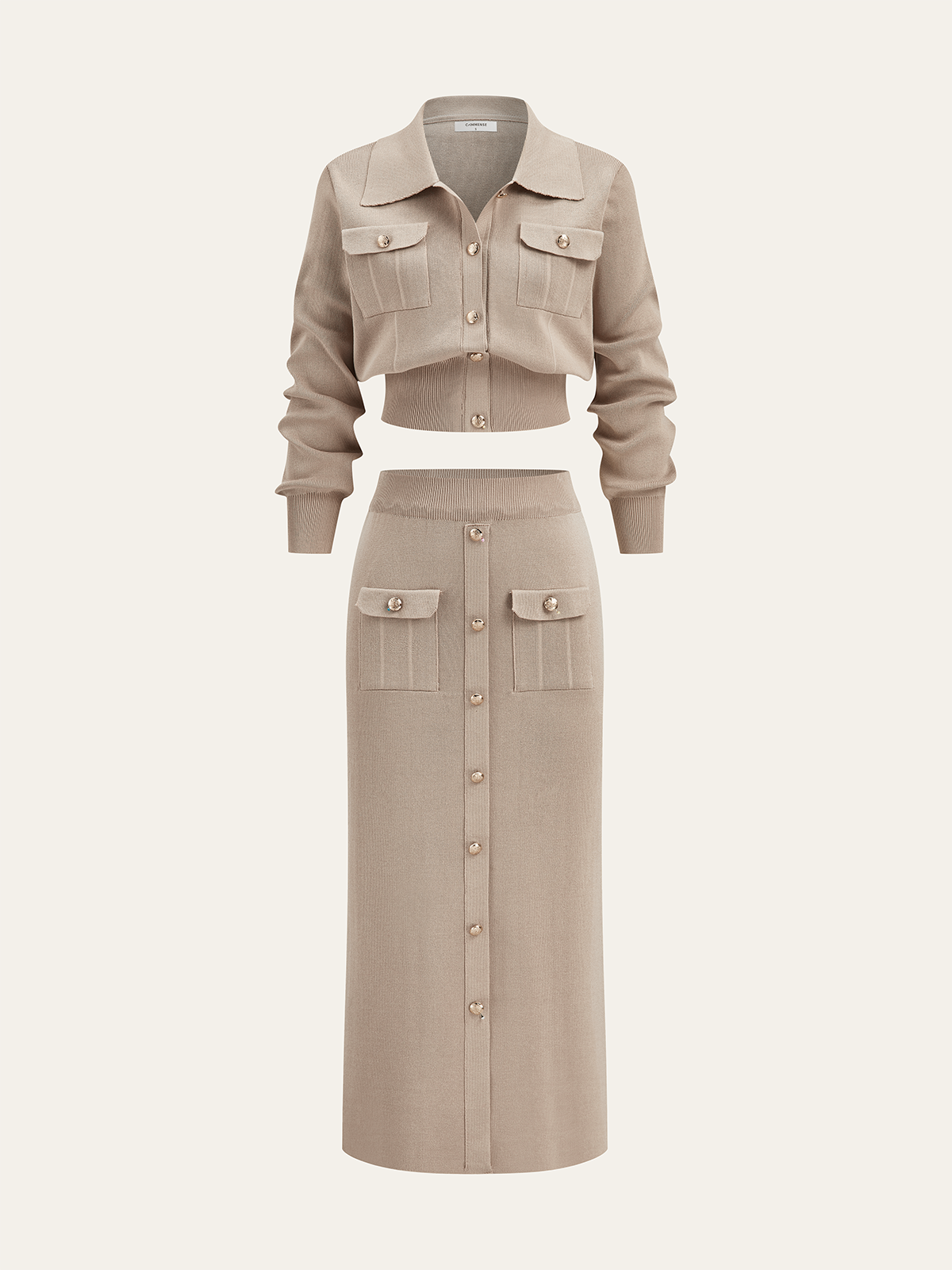 Camille metal button collared cardigan and midi skirt set
