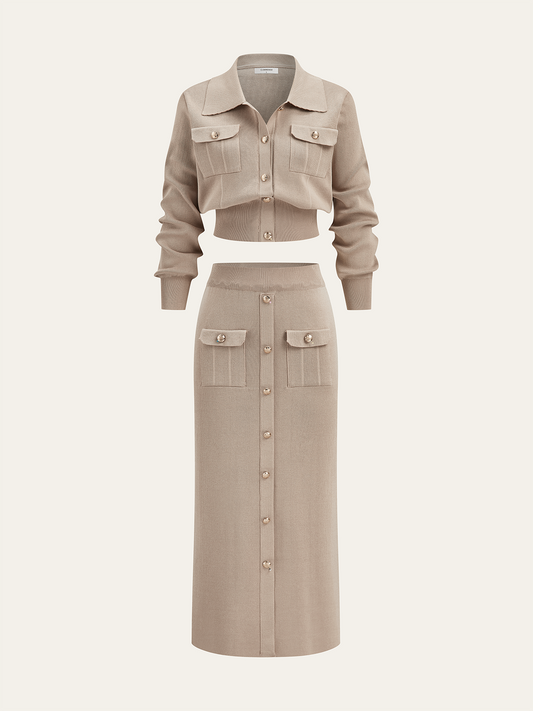 Camille metal button collared cardigan and midi skirt set