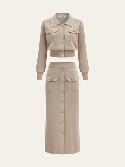 Camille knit cardigan and midi skirt set front view