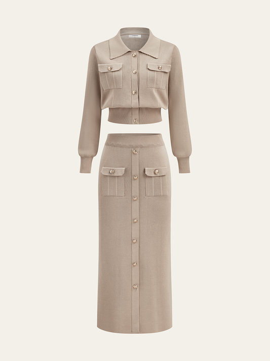 Camille knit cardigan and midi skirt set front view
