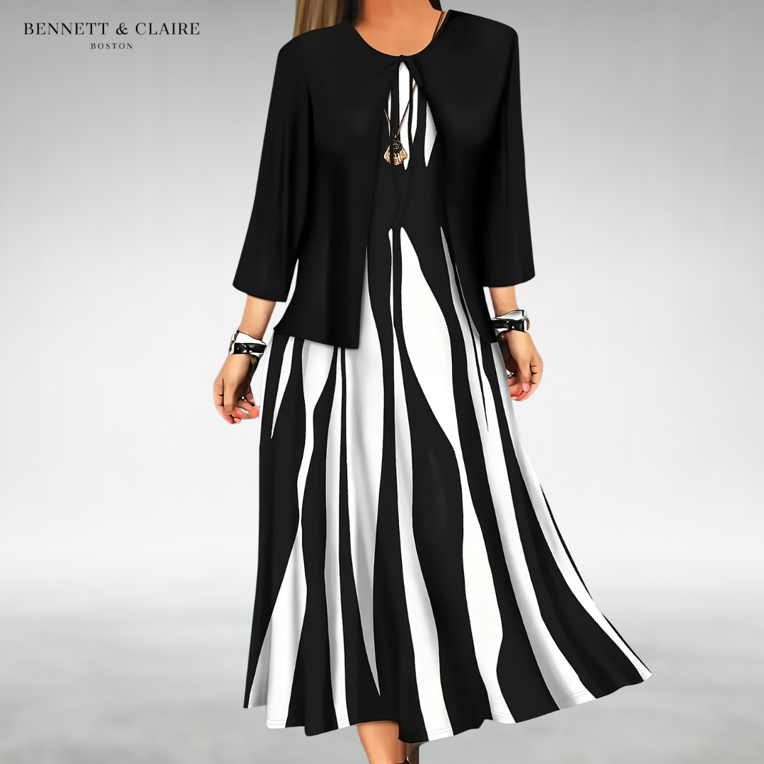 Elyne Elegant Two-Piece Dress Set in black - open-front jacket over a black and ivory wave-print maxi dress
