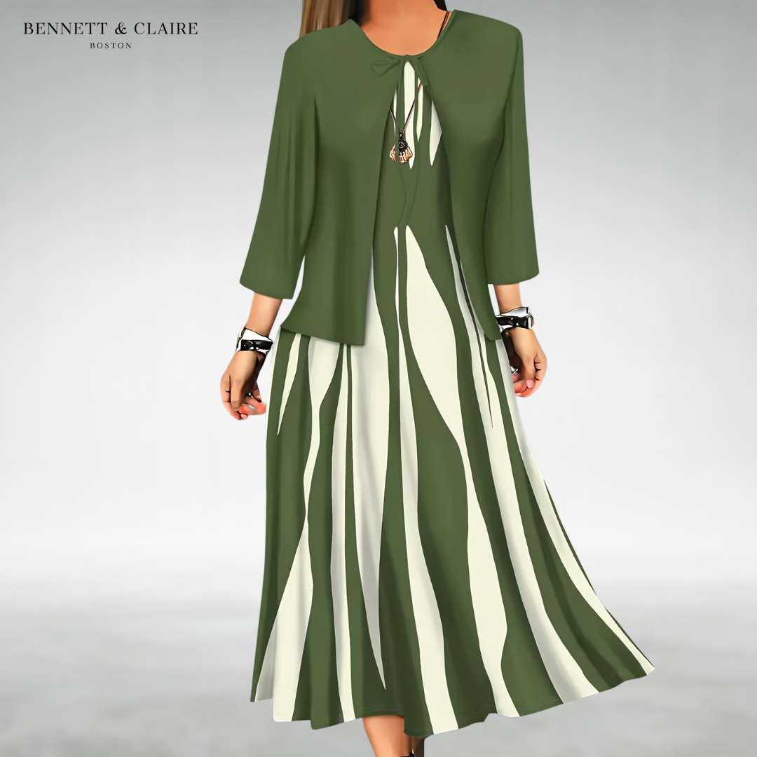 Elyne Elegant Two-Piece Dress Set in green - matching jacket and flowing A-line maxi dress with ivory wave print