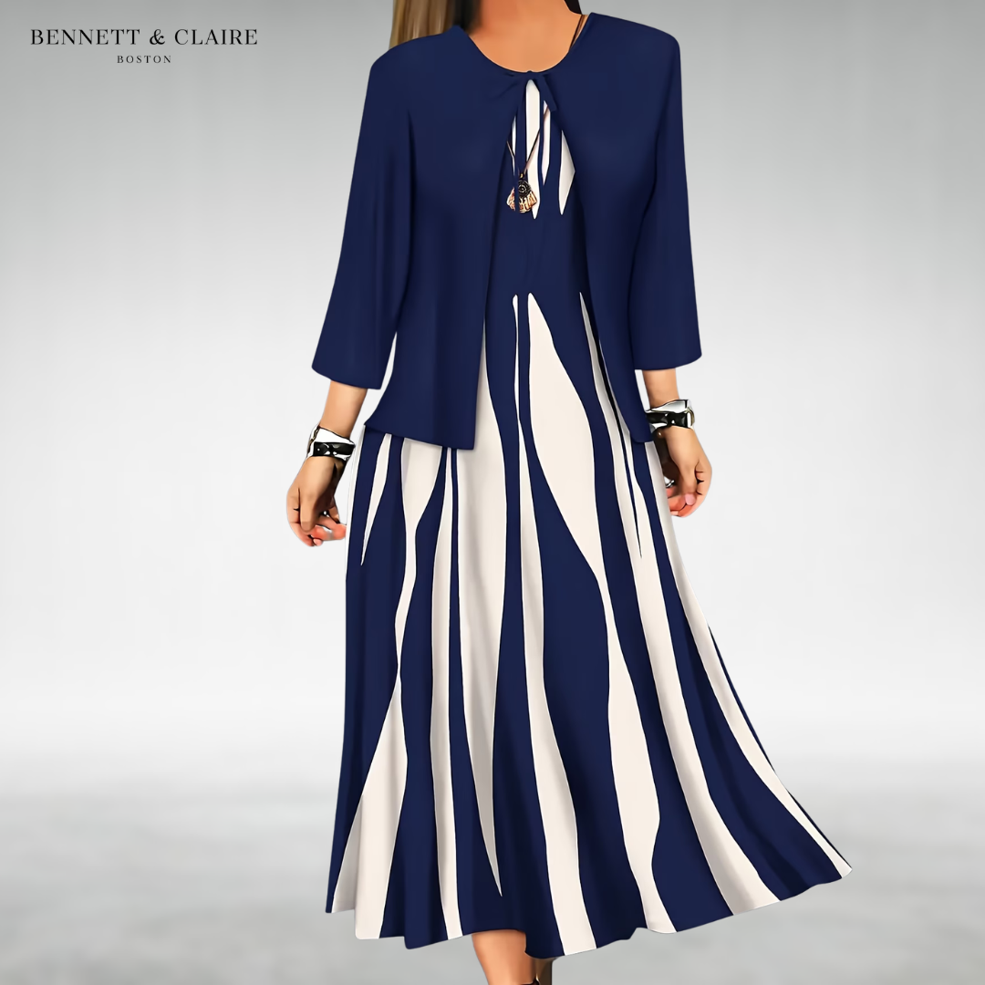 Elyne Elegant Two-Piece Dress Set in navy blue - open-front jacket with three-quarter sleeves over a sleeveless wave-print maxi dress