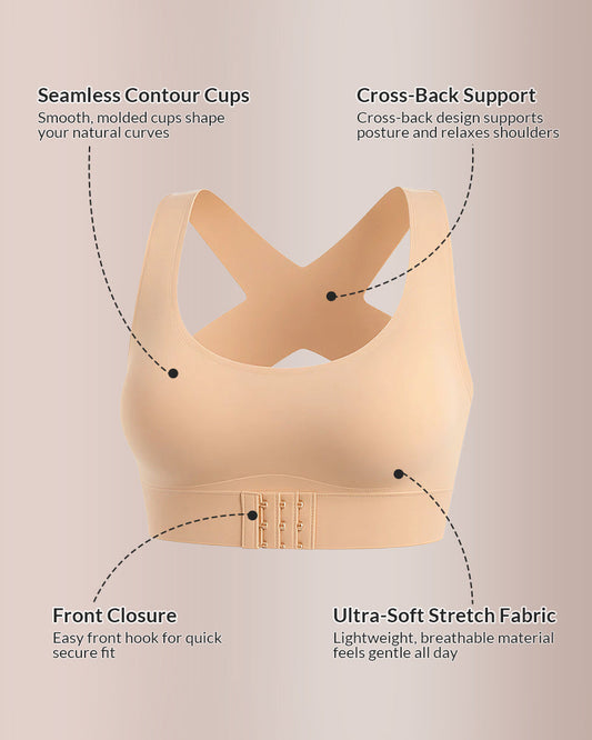 Cross-back strap design of the Vera posture support bra