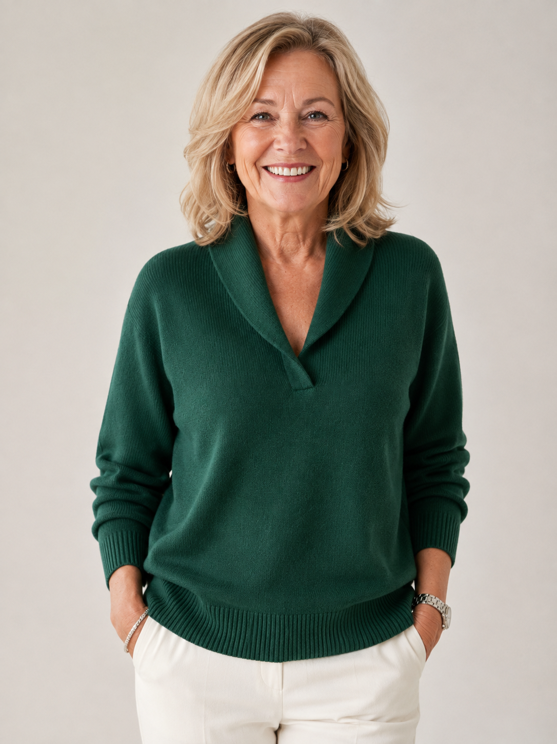 Greta shawl collar sweater in forest green, front view showing the folded shawl collar and relaxed body