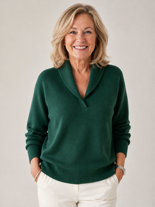 Greta shawl collar sweater in forest green, front view showing the folded shawl collar and relaxed body