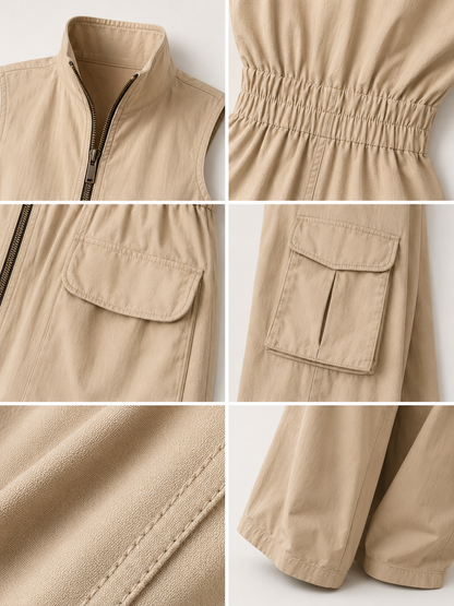 Close-up details of the Ursula Utility Cargo Jumpsuit: stand collar, zip, elasticated waist and cargo pockets