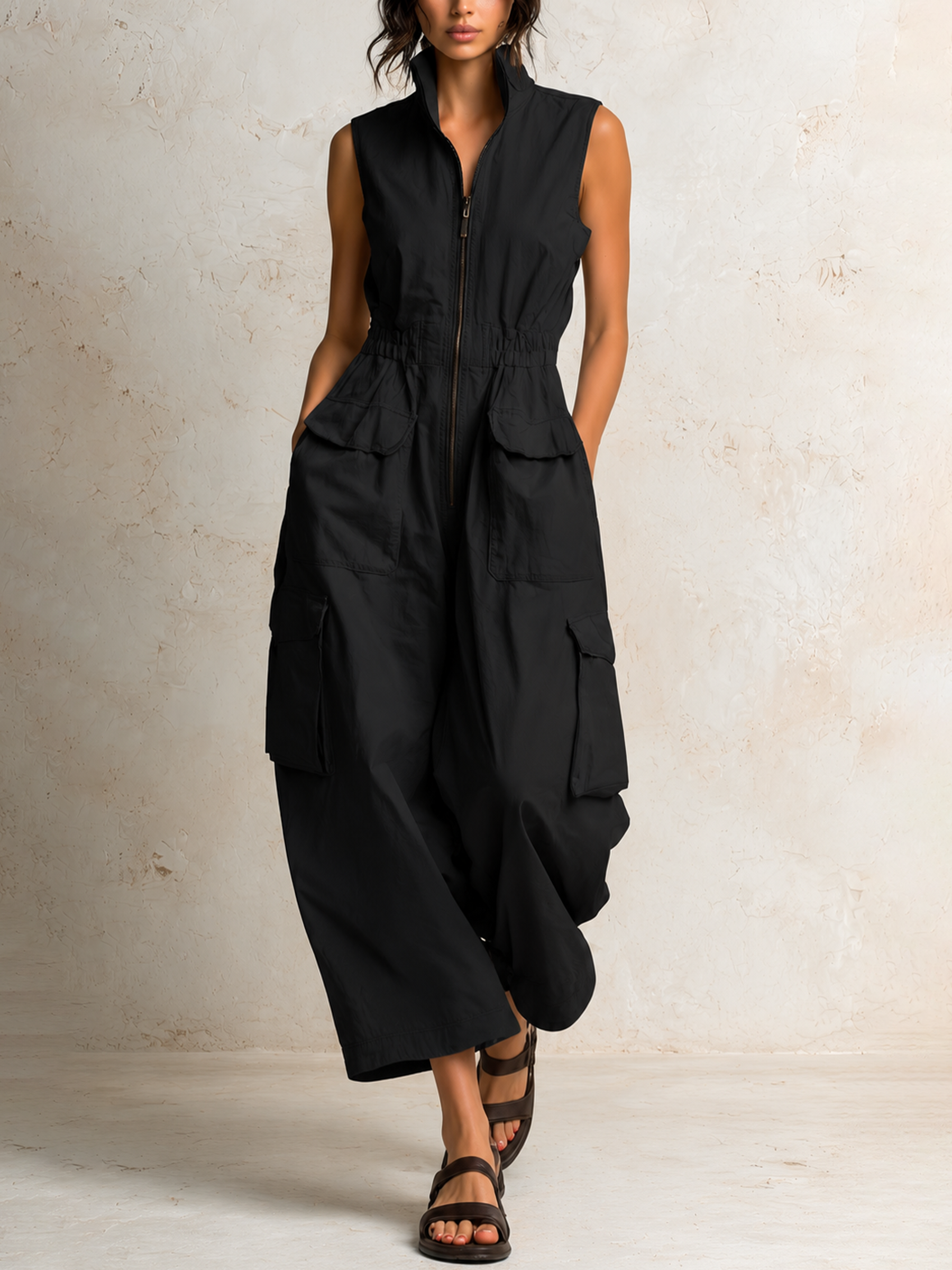 Ursula Utility Cargo Jumpsuit in black, front view with cargo pockets