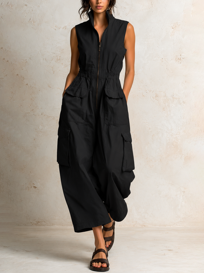 Ursula Utility Cargo Jumpsuit in black, front view with cargo pockets