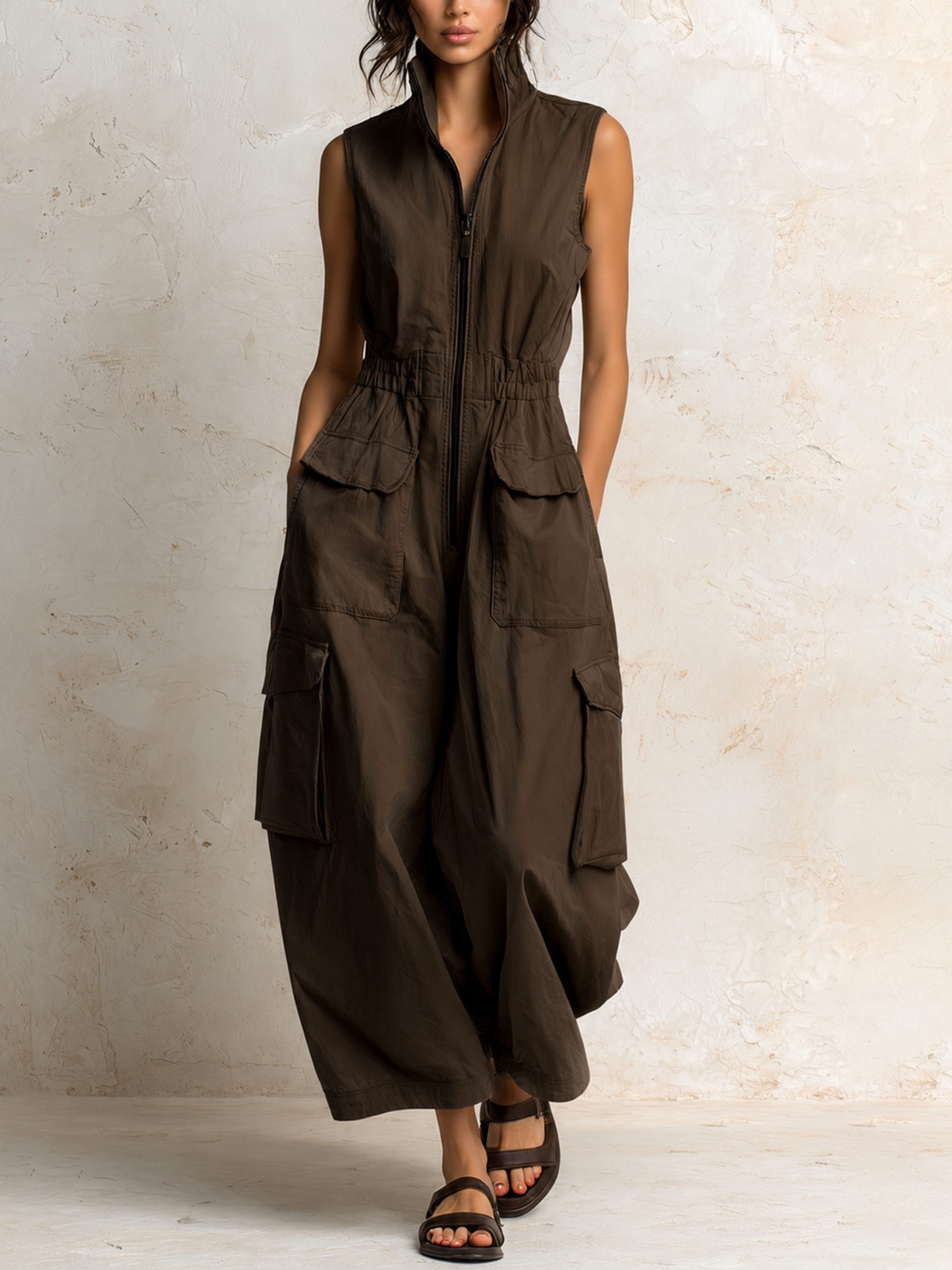 Ursula Utility Cargo Jumpsuit in brown, front view with cargo pockets