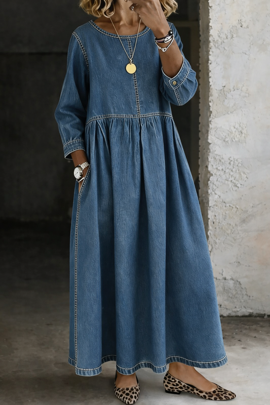 Olivia | Round Neck Long Sleeve Denim Dress