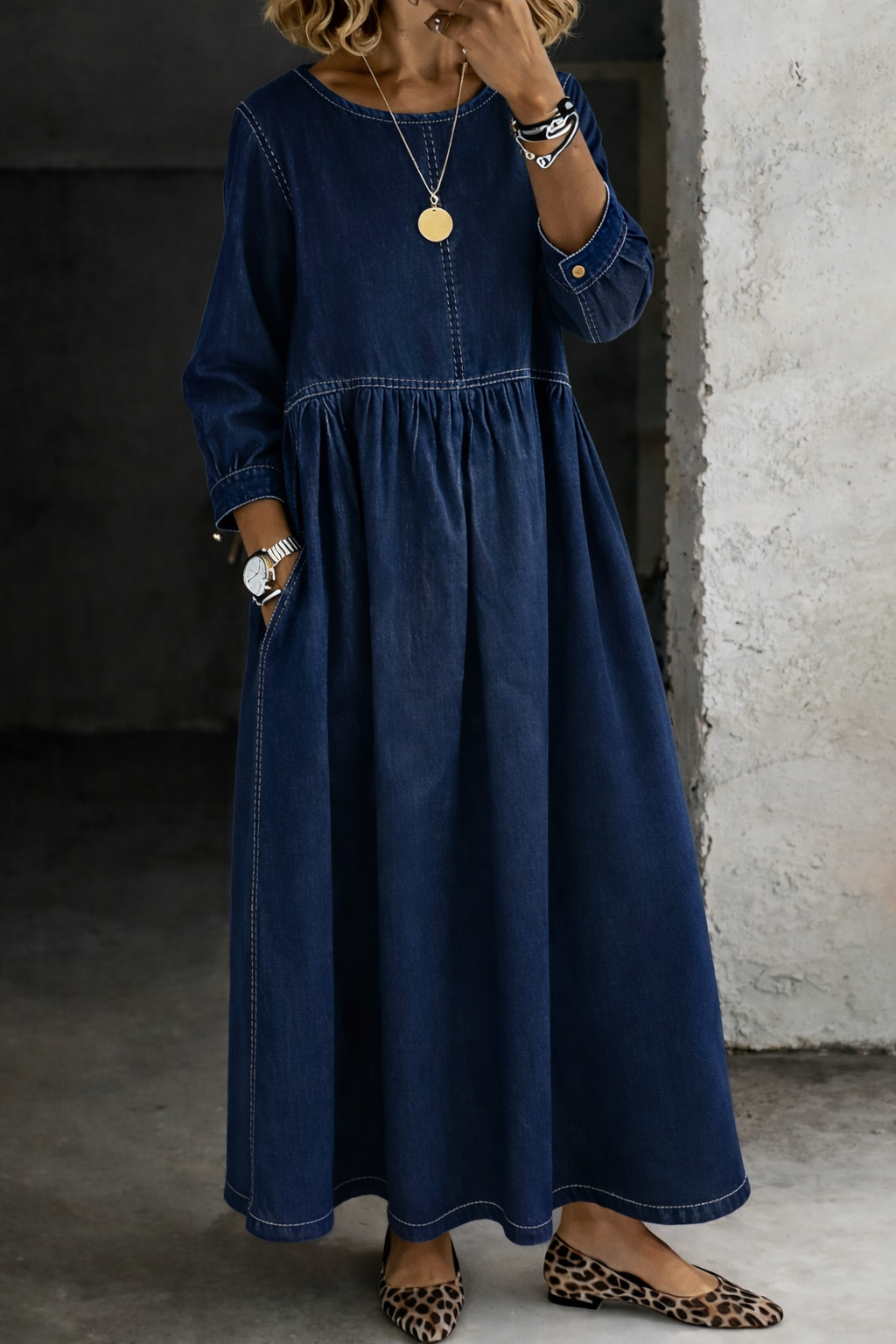 Olivia | Round Neck Long Sleeve Denim Dress