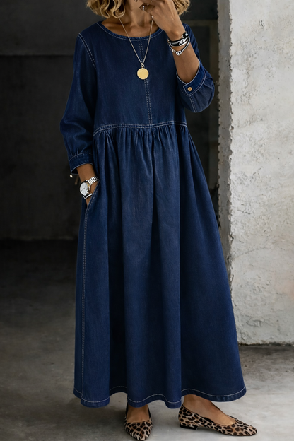 Olivia | Round Neck Long Sleeve Denim Dress
