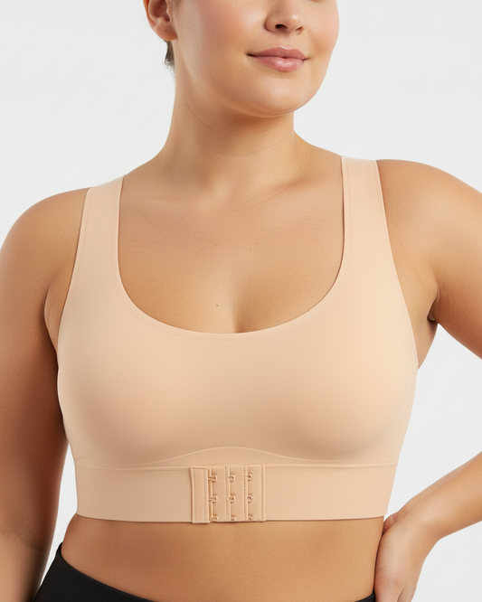 Vera cross-back front closure wireless posture bra in nude