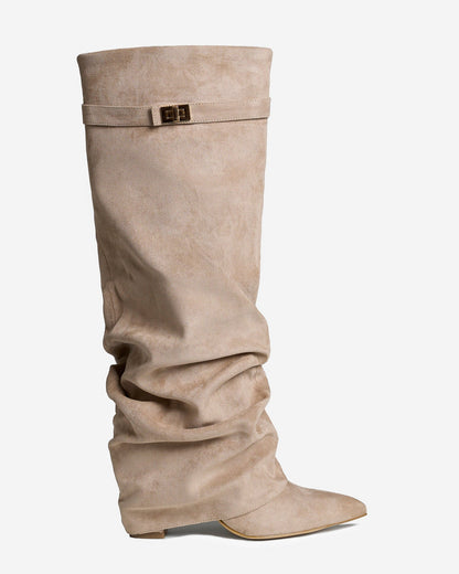 Jade | Slouchy Suede Knee-High Boots - Beige