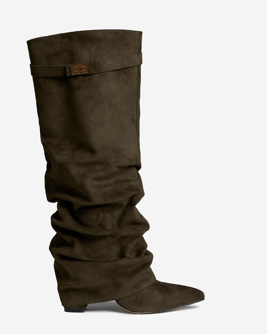 Jade | Slouchy Suede Knee-High Boots - Olive Green