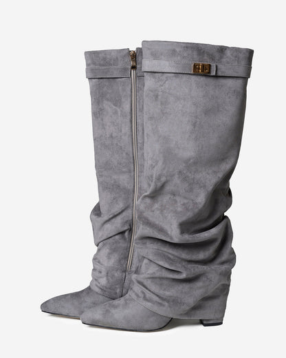 Jade | Slouchy Suede Knee-High Boots - Grey