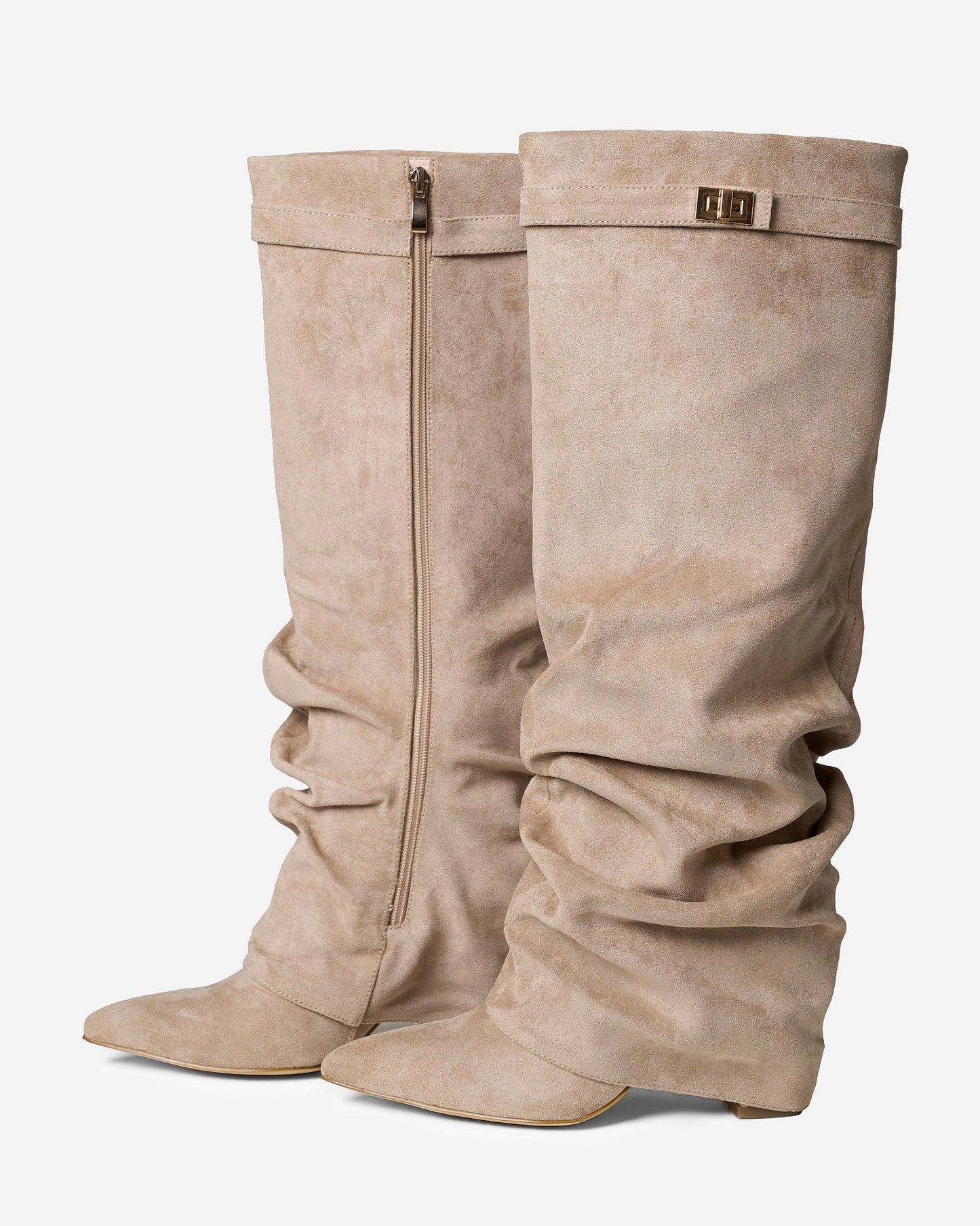 Jade | Slouchy Suede Knee-High Boots - Beige