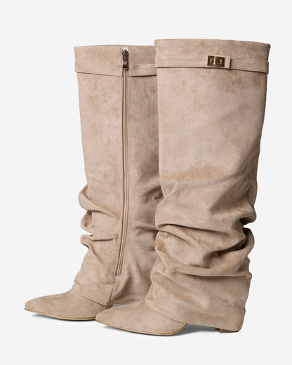 Jade | Slouchy Suede Knee-High Boots - Beige