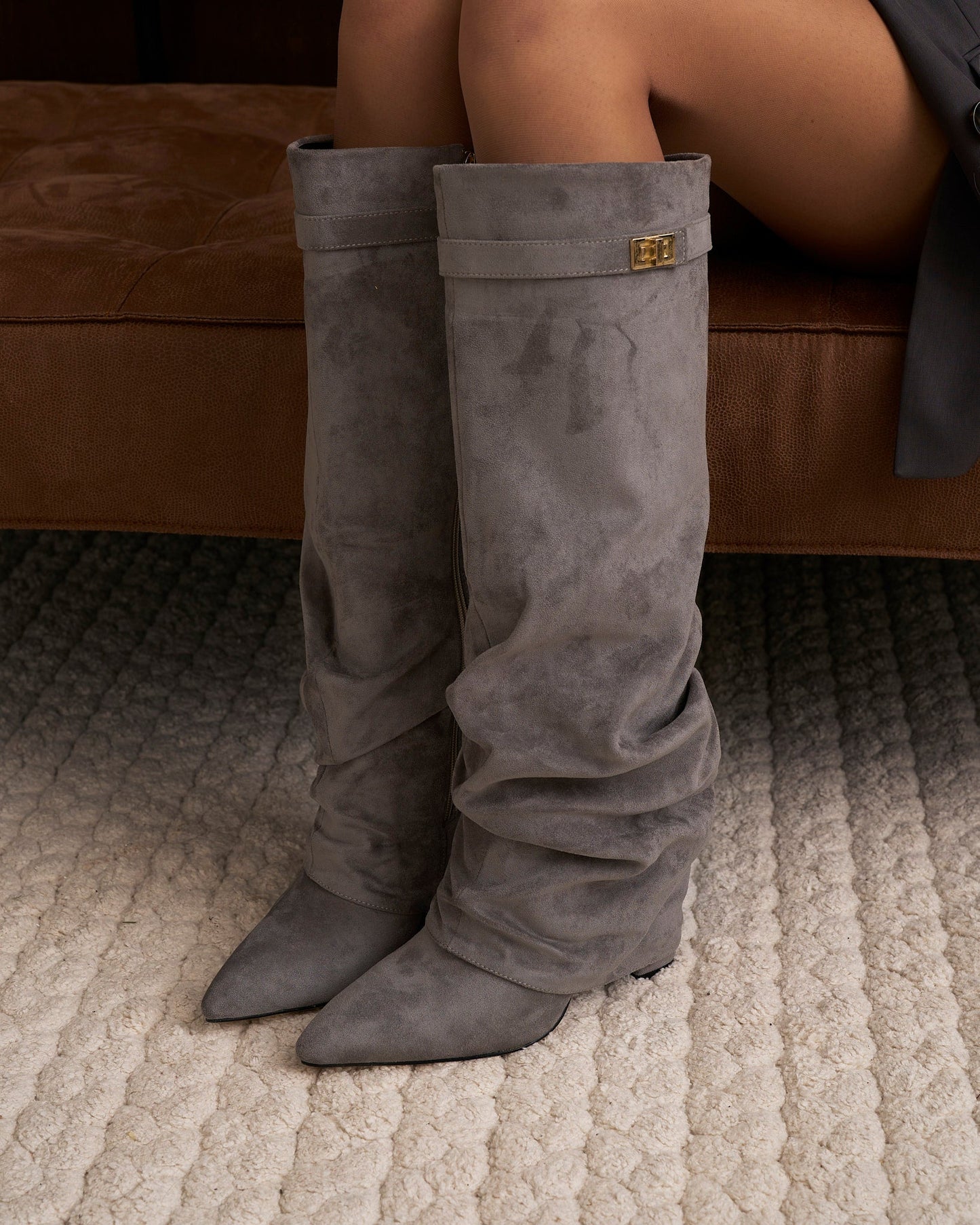Jade | Slouchy Suede Knee-High Boots - Grey
