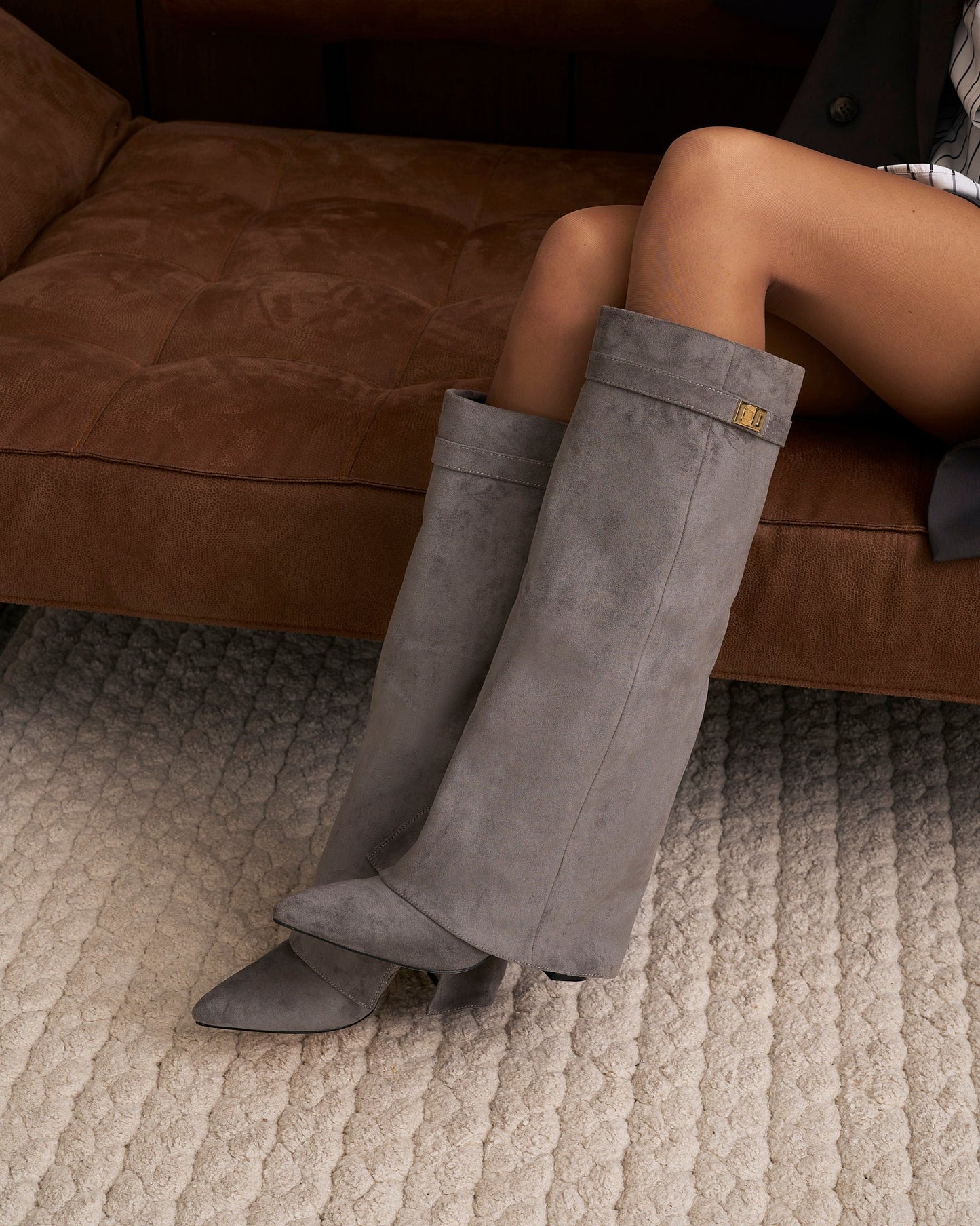 Elise | Suede Knee-High Boots - Grey