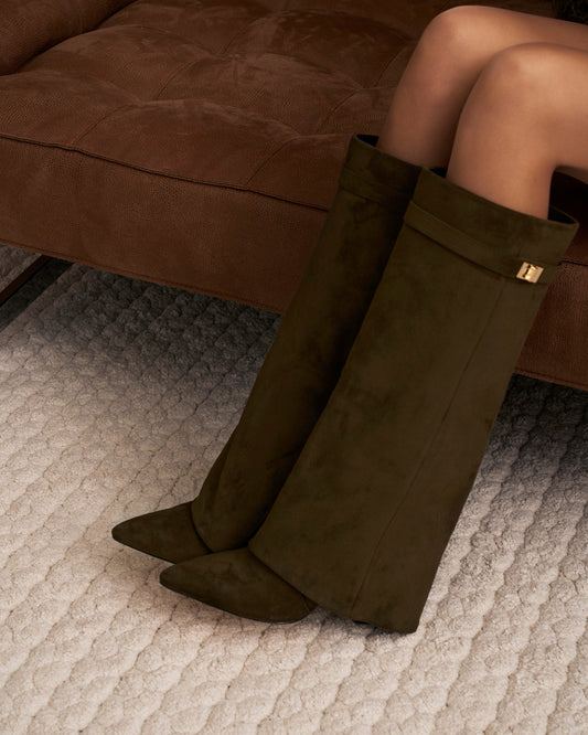 Elise | Suede Knee-High Boots - Olive Green
