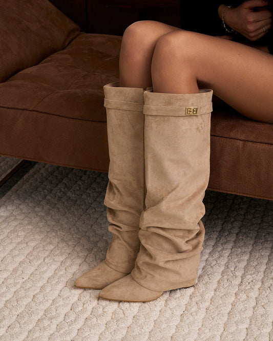 Jade | Slouchy Suede Knee-High Boots - Beige